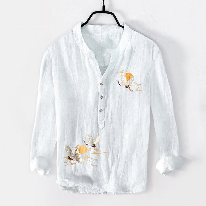 Chemise à manches longues pour homme en coton et lin, motif grue et soleil doré, avec demi-boutons et Buddha Stones - Blanc - US/UK/AU50，EU60 (5XL) - image 3