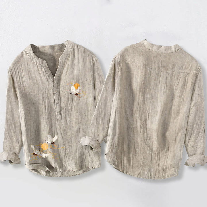 Chemise à manches longues pour homme en coton et lin, motif grue et soleil doré, avec demi-boutons et Buddha Stones - image 8