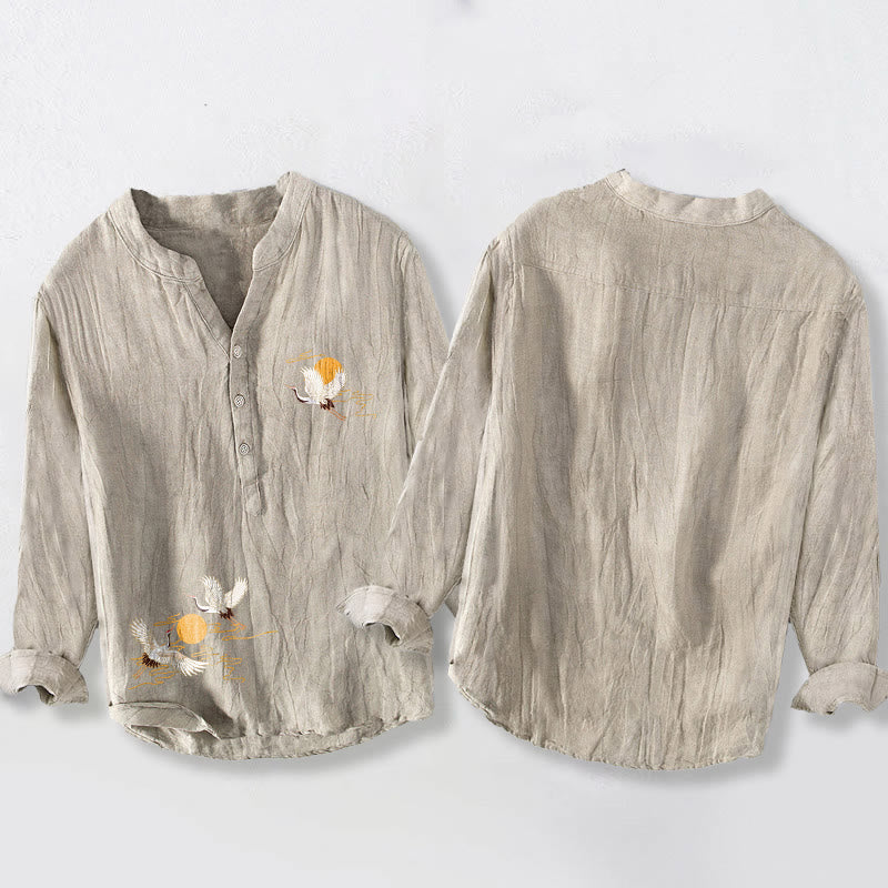 Chemise à manches longues pour homme en coton et lin, motif grue et soleil doré, avec demi-boutons et Buddha Stones - image 8