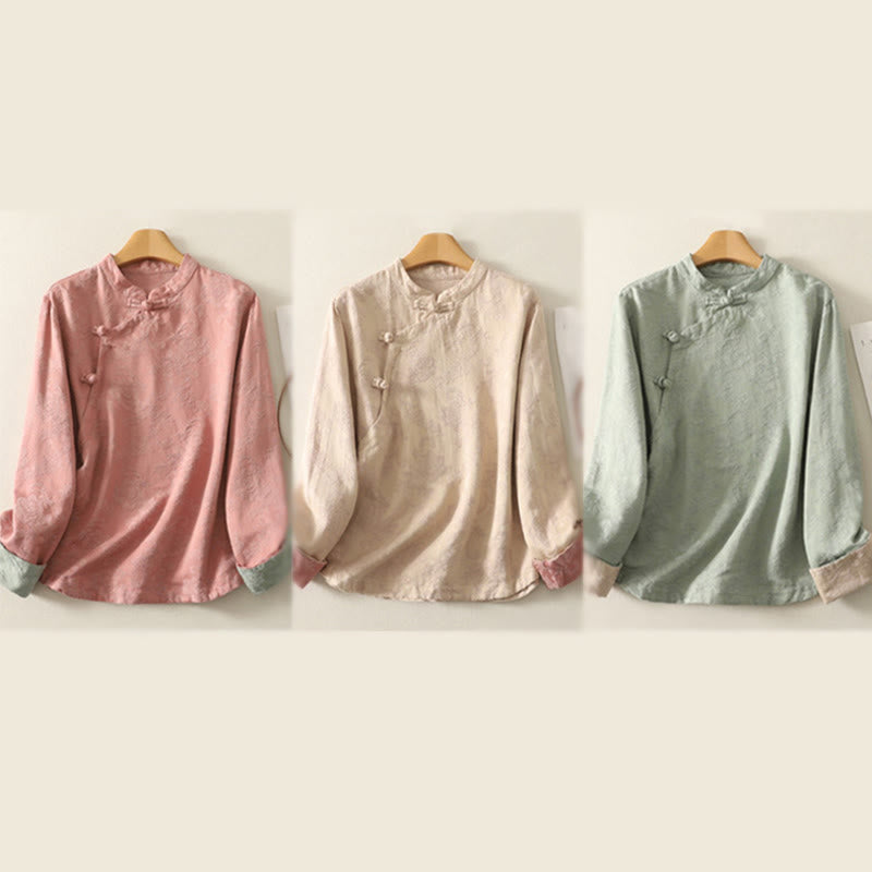 Chemise à manches longues en coton zen pour femme, motif jacquard uni de printemps avec Buddha Stones - image 23