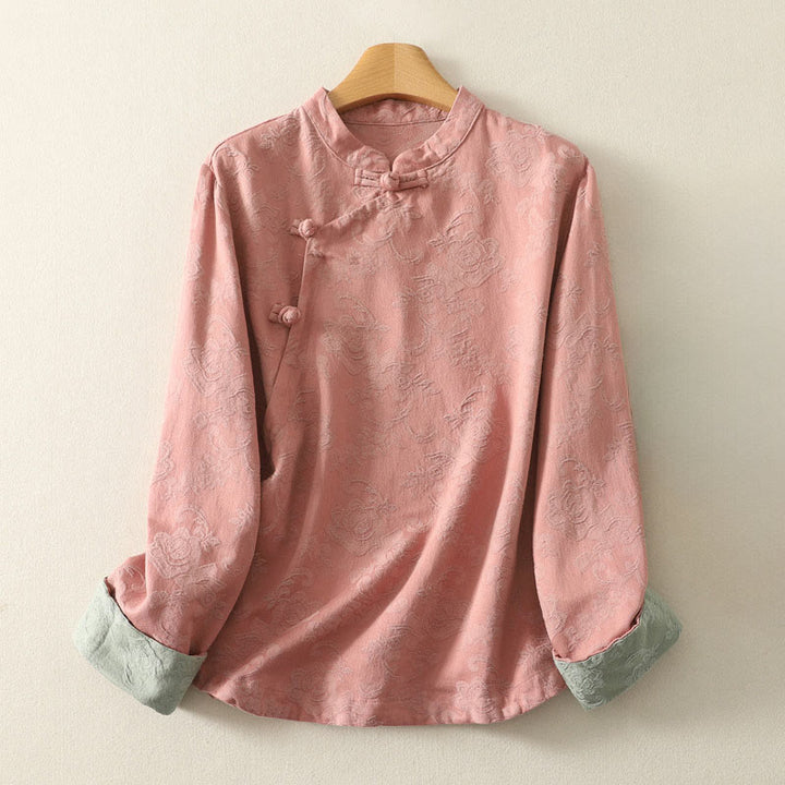 Chemise à manches longues en coton zen pour femme, motif jacquard uni de printemps avec Buddha Stones - Saumon foncé - US8-10，UK/AU12-14，EU40-42 (2XL) - image 10