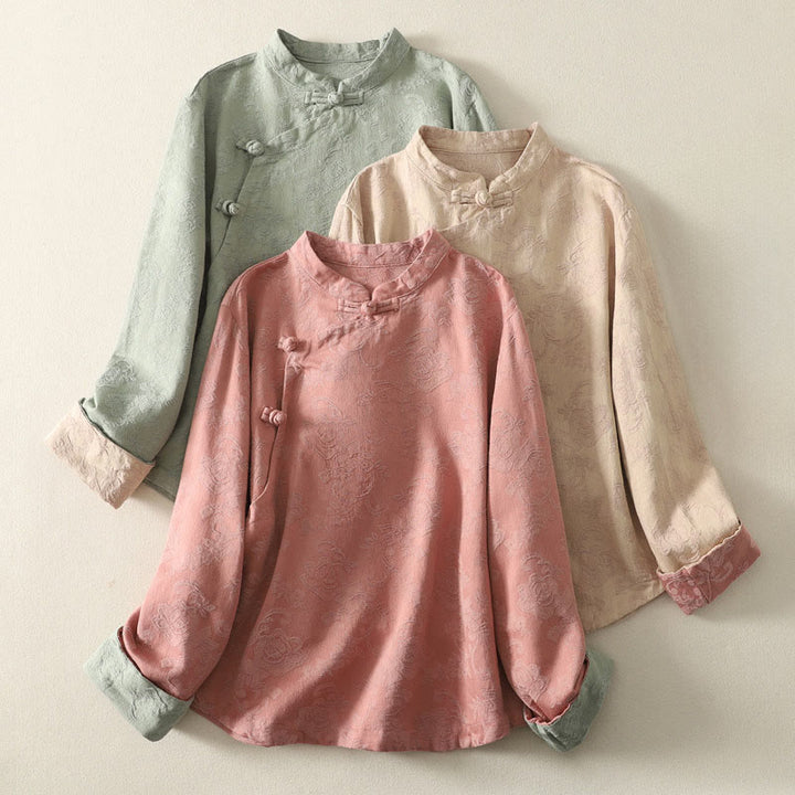 Chemise à manches longues en coton zen pour femme, motif jacquard uni de printemps avec Buddha Stones - image 22