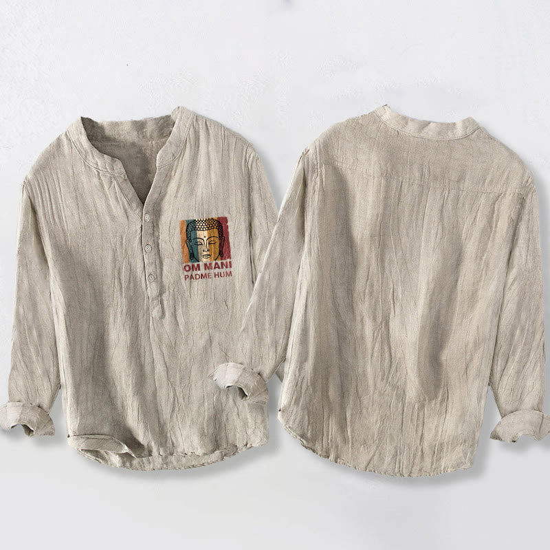 Chemise à manches longues pour homme en coton et lin, motif Buddha Stones OM MANI PADME HUM - image 2