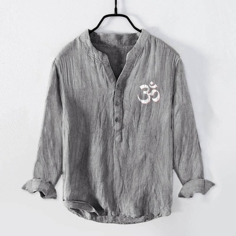 Chemise à manches longues pour homme en coton et lin, motif Om, avec demi-boutons et inscription « Namaste, je vous honore », en Buddha Stones . - image 7
