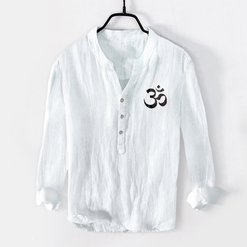 Chemise à manches longues pour homme en coton et lin, motif Om, avec demi-boutons et inscription « Namaste, je vous honore », en Buddha Stones . - image 1