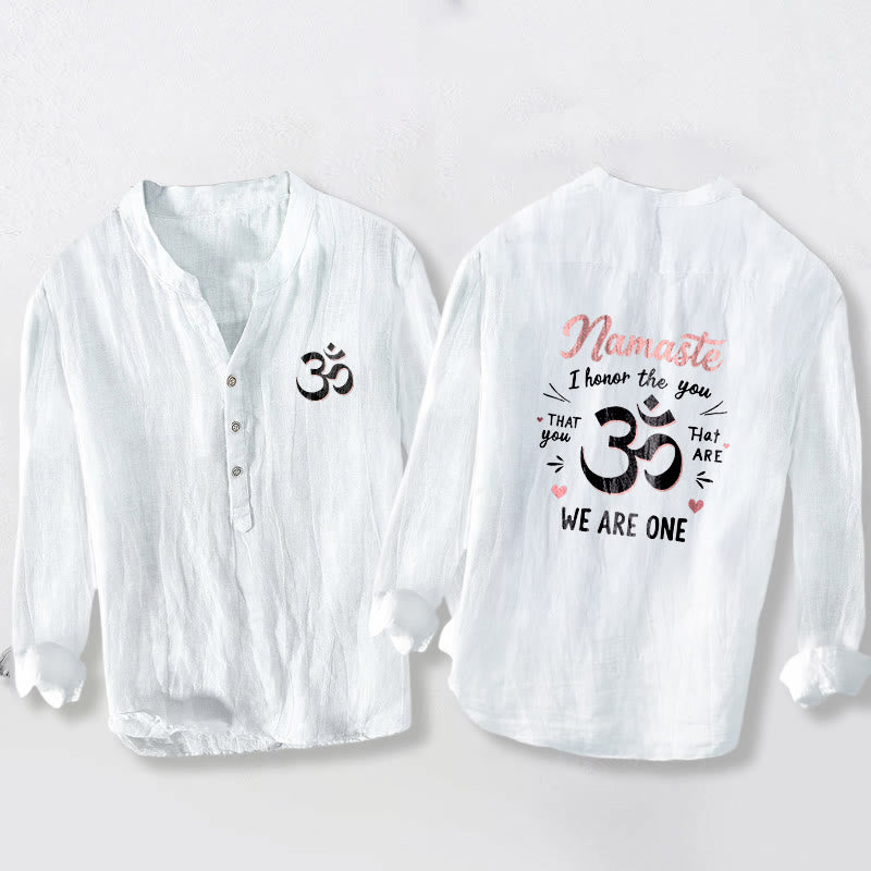 Chemise à manches longues pour homme en coton et lin, motif Om, avec demi-boutons et inscription « Namaste, je vous honore », en Buddha Stones . - Blanc - US/UK/AU50，EU60 (5XL) - image 0