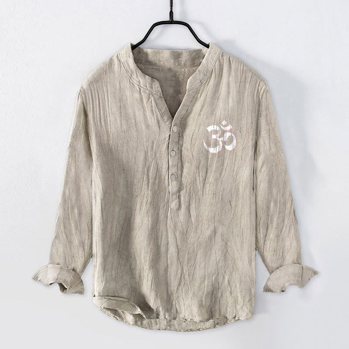 Chemise à manches longues pour homme en coton et lin, motif Om, avec demi-boutons et inscription « Namaste, je vous honore », en Buddha Stones . - image 4
