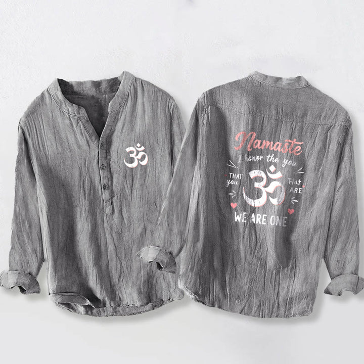 Chemise à manches longues pour homme en coton et lin, motif Om, avec demi-boutons et inscription « Namaste, je vous honore », en Buddha Stones . - Gris - US/UK/AU50，EU60 (5XL) - image 6