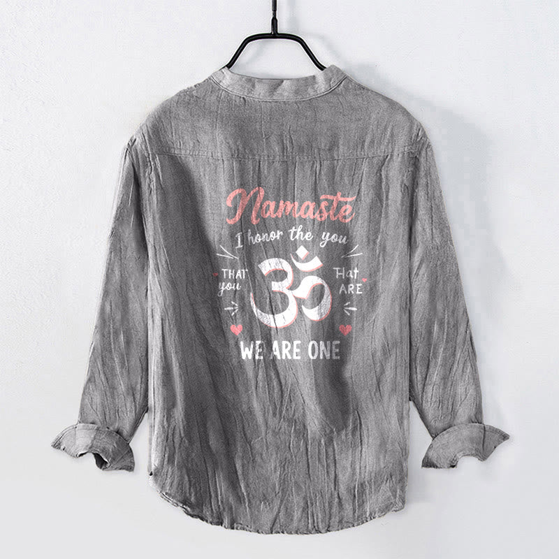 Chemise à manches longues pour homme en coton et lin, motif Om, avec demi-boutons et inscription « Namaste, je vous honore », en Buddha Stones . - image 8