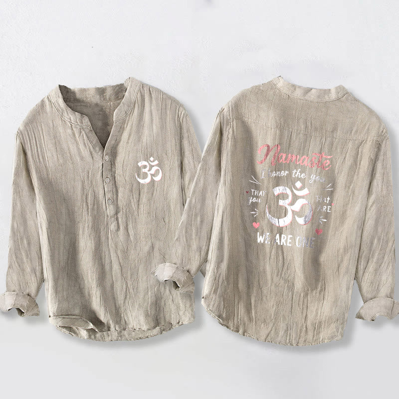 Chemise à manches longues pour homme en coton et lin, motif Om, avec demi-boutons et inscription « Namaste, je vous honore », en Buddha Stones . - Lin - US/UK/AU50，EU60 (5XL) - image 3