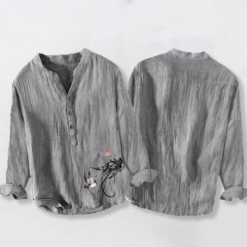 Chemise à manches longues pour homme en coton et lin , Buddha Stones, soleil levant et branches de grue, demi-boutons - image 5