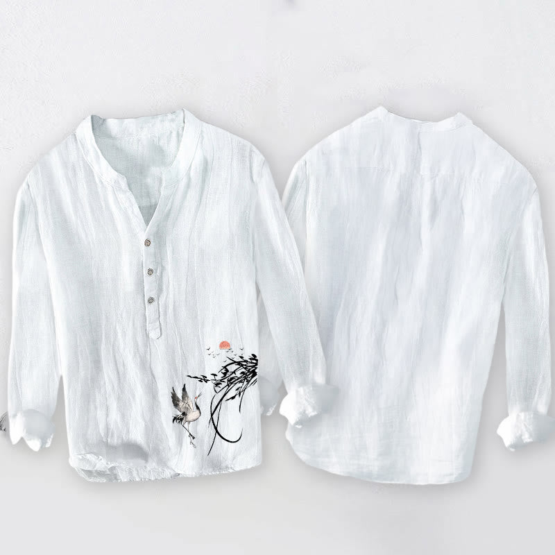 Chemise à manches longues pour homme en coton et lin , Buddha Stones, soleil levant et branches de grue, demi-boutons - image 8