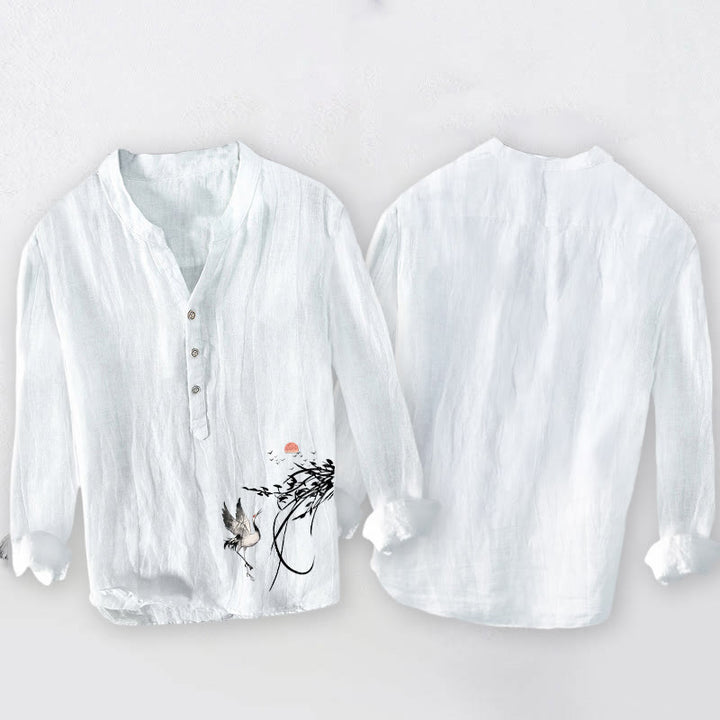 Chemise à manches longues pour homme en coton et lin , Buddha Stones, soleil levant et branches de grue, demi-boutons - image 8