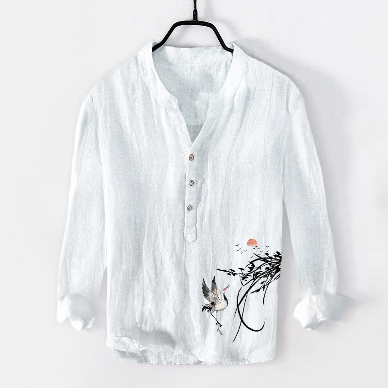 Chemise à manches longues pour homme en coton et lin , Buddha Stones, soleil levant et branches de grue, demi-boutons - Blanc - US/UK/AU50，EU60 (5XL) - image 6
