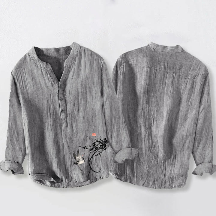 Chemise à manches longues pour homme en coton et lin , Buddha Stones, soleil levant et branches de grue, demi-boutons - image 5