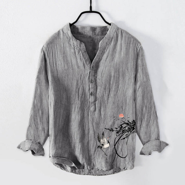 Chemise à manches longues pour homme en coton et lin , Buddha Stones, soleil levant et branches de grue, demi-boutons - Gris - US/UK/AU50，EU60 (5XL) - image 3