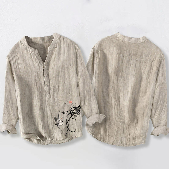 Chemise à manches longues pour homme en coton et lin , Buddha Stones, soleil levant et branches de grue, demi-boutons - image 2