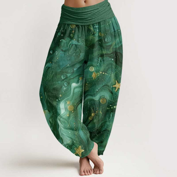 Pantalon harem à taille élastique pour femme, en coton, motif étoiles dorées océaniques, avec Buddha Stones - Vert foncé - US22，UK/AU26，EU54 (6XL) - image 7