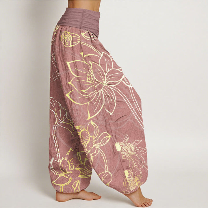 Pantalon Buddha Stones taille élastique en pur coton motif feuilles de lotus et poissons koï pour femme - image 8