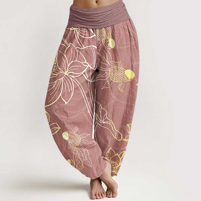 Pantalon Buddha Stones taille élastique en pur coton motif feuilles de lotus et poissons koï pour femme - Rouge violet pâle - US22，UK/AU26，EU54 (6XL) - image 14