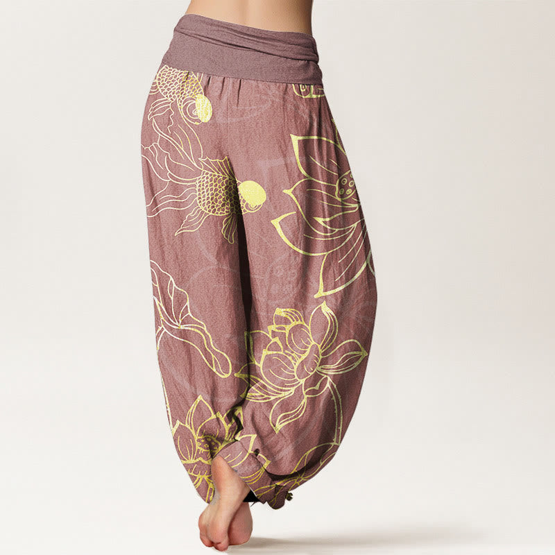 Pantalon Buddha Stones taille élastique en pur coton motif feuilles de lotus et poissons koï pour femme - image 7