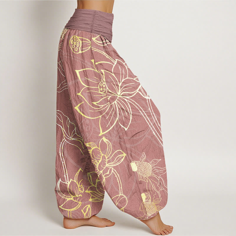 Pantalon Buddha Stones taille élastique en pur coton motif feuilles de lotus et poissons koï pour femme - image 16