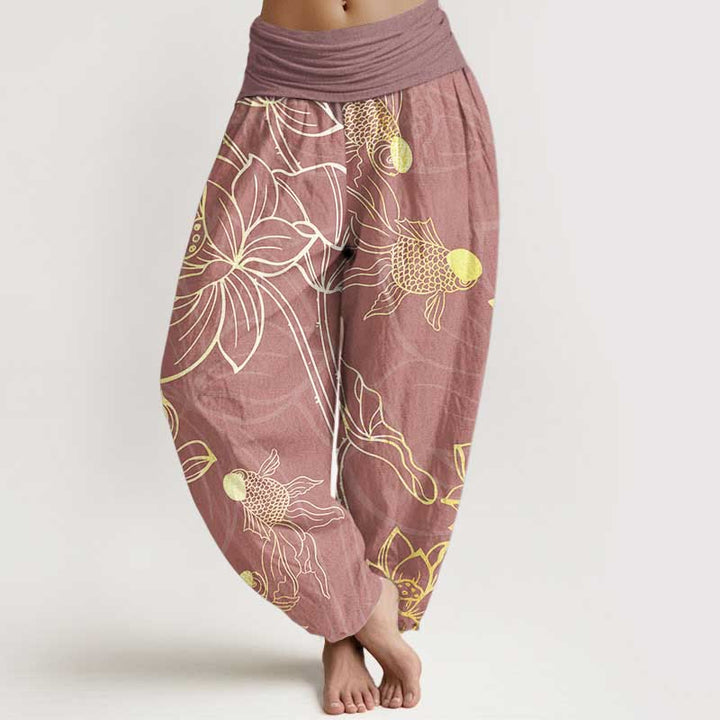 Pantalon Buddha Stones taille élastique en pur coton motif feuilles de lotus et poissons koï pour femme - Rouge violet pâle - US22，UK/AU26，EU54 (6XL) - image 9