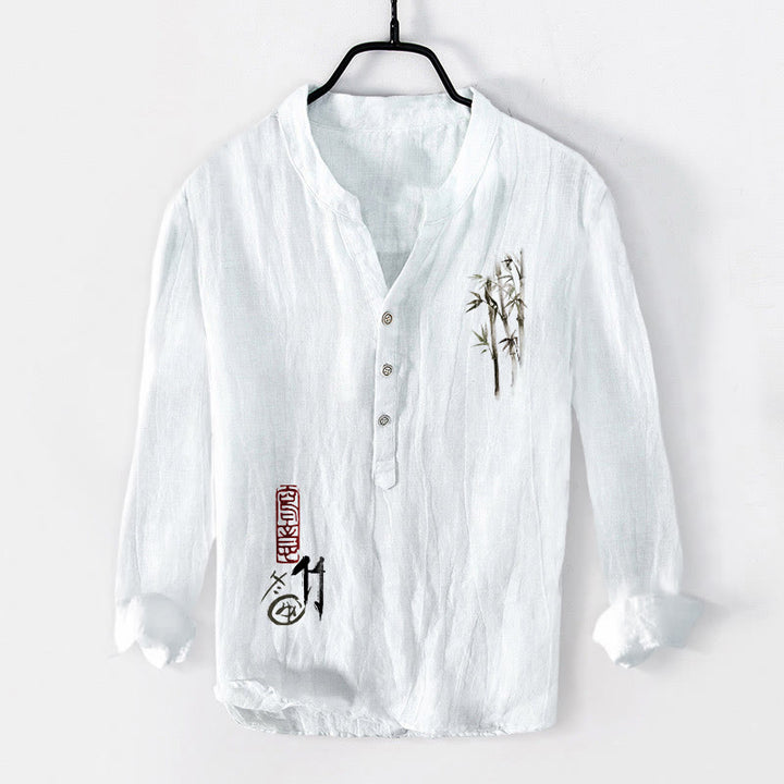 Chemise à manches longues pour homme en coton et lin, motif feuilles de bambou et sceau rouge, avec demi-boutons et Buddha Stones - Blanc - US/UK/AU50，EU60 (5XL) - image 6