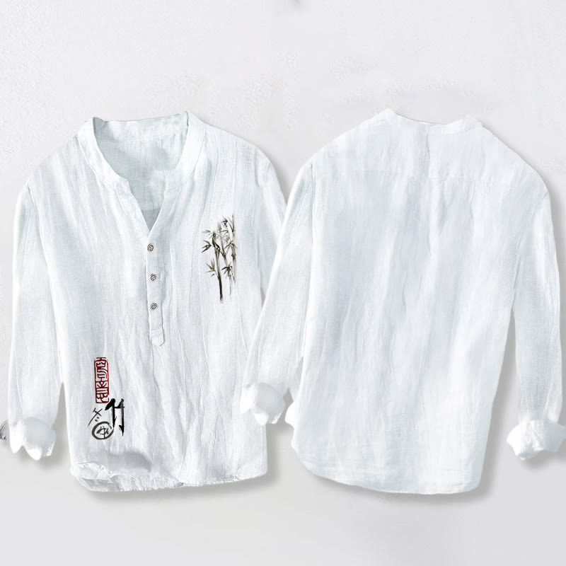 Chemise à manches longues pour homme en coton et lin, motif feuilles de bambou et sceau rouge, avec demi-boutons et Buddha Stones - image 8