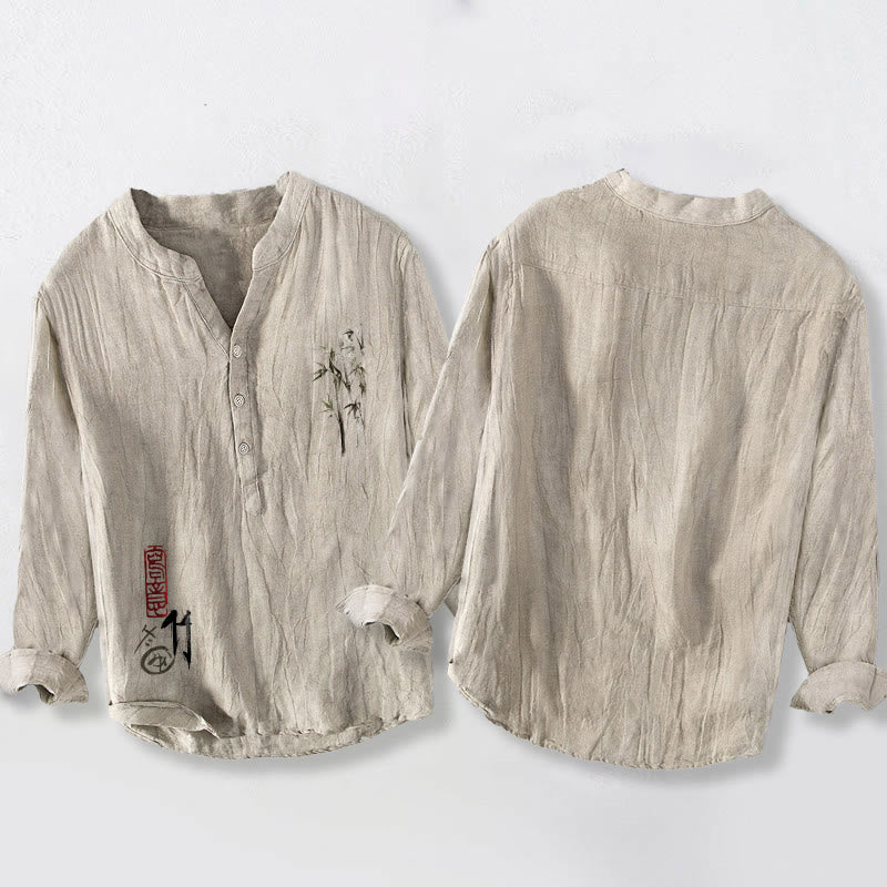 Chemise à manches longues pour homme en coton et lin, motif feuilles de bambou et sceau rouge, avec demi-boutons et Buddha Stones - image 2