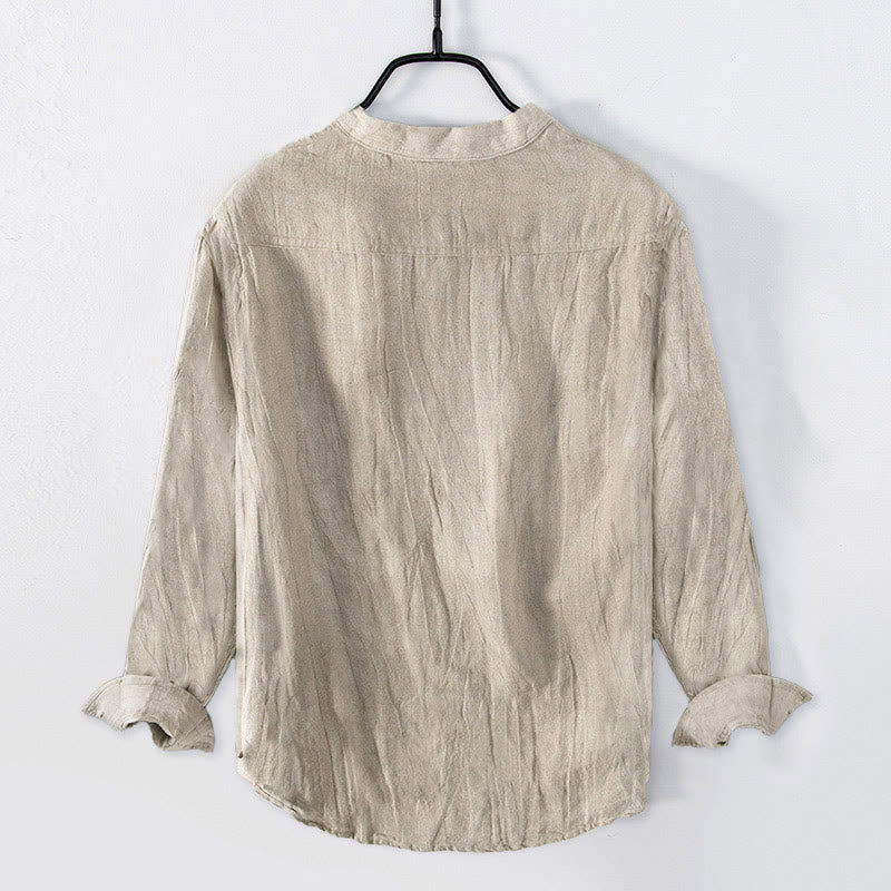 Chemise à manches longues en coton et lin pour homme, motif épéiste chinois, Buddha Stones et bambou, demi-boutons - image 1