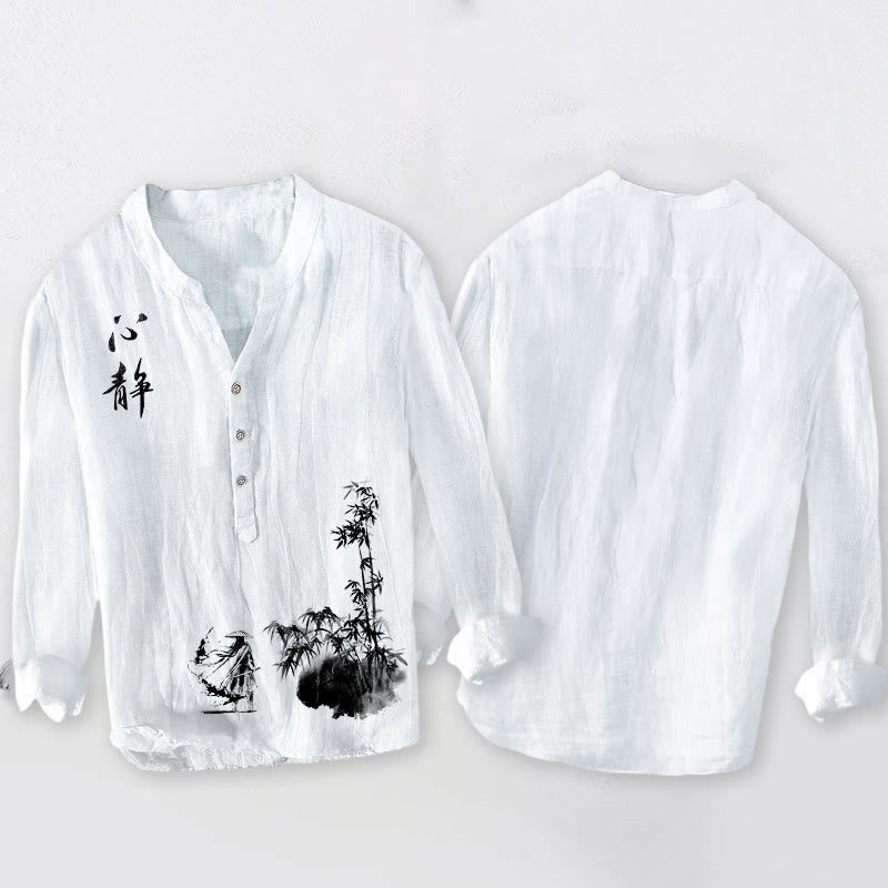 Chemise à manches longues en coton et lin pour homme, motif épéiste chinois, Buddha Stones et bambou, demi-boutons - image 8