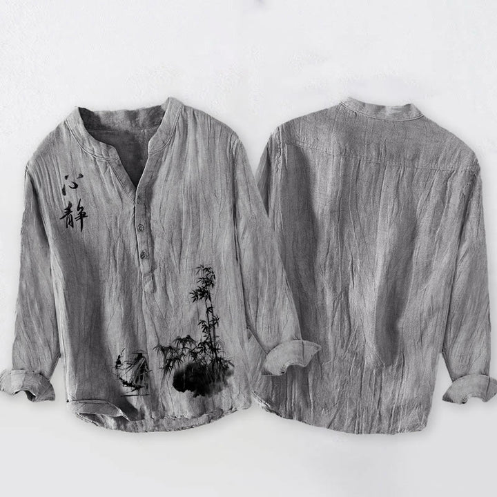 Chemise à manches longues en coton et lin pour homme, motif épéiste chinois, Buddha Stones et bambou, demi-boutons - image 5