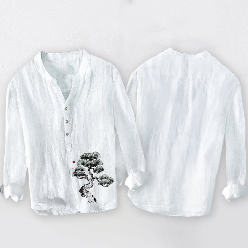 Chemise à manches longues pour homme en coton et lin, motif de pins et Buddha Stones - image 8