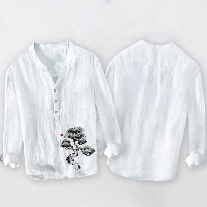 Chemise à manches longues pour homme en coton et lin, motif de pins et Buddha Stones - image 8