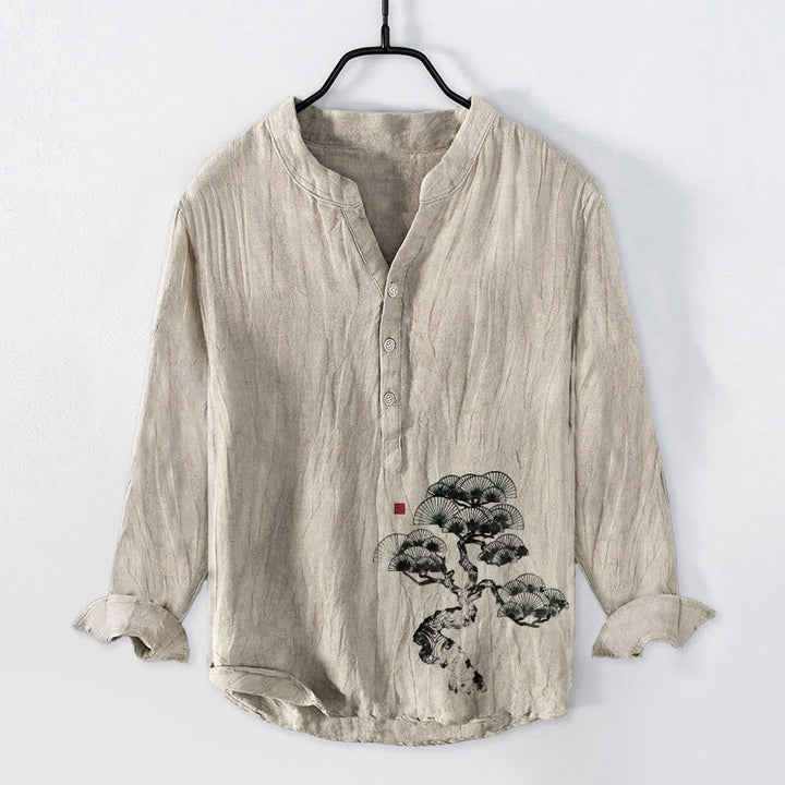 Chemise à manches longues pour homme en coton et lin, motif de pins et Buddha Stones - Lin - US/UK/AU50，EU60 (5XL) - image 0