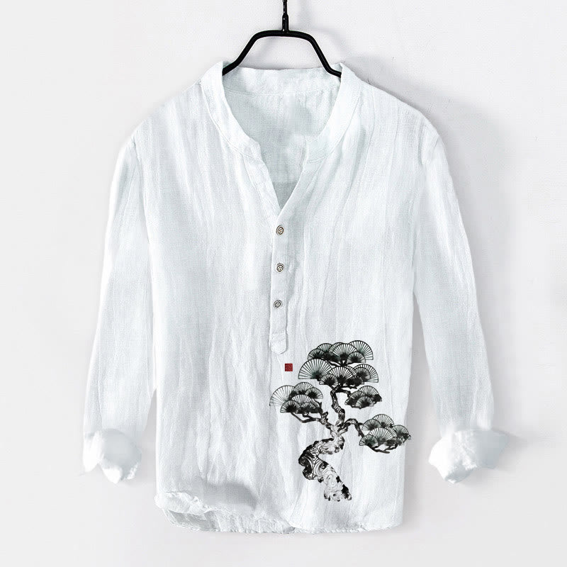 Chemise à manches longues pour homme en coton et lin, motif de pins et Buddha Stones - Blanc - US/UK/AU50，EU60 (5XL) - image 6
