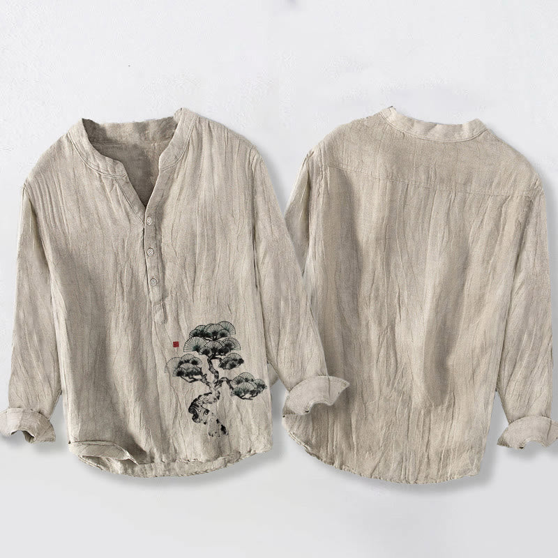 Chemise à manches longues pour homme en coton et lin, motif de pins et Buddha Stones - image 2