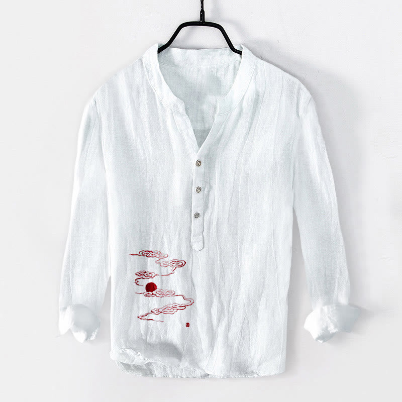 Chemise à manches longues pour homme en coton et lin, à demi-boutons, ornée de Buddha Stones, de nuages ​​auspicieux et d'un soleil rouge. - Blanc - US/UK/AU50，EU60 (5XL) - image 3