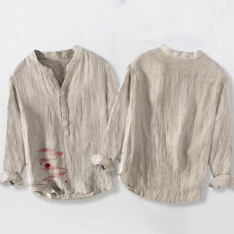 Chemise à manches longues pour homme en coton et lin, à demi-boutons, ornée de Buddha Stones, de nuages ​​auspicieux et d'un soleil rouge. - image 8