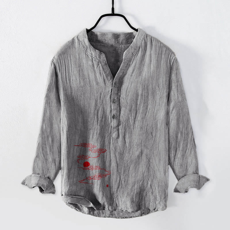 Chemise à manches longues pour homme en coton et lin, à demi-boutons, ornée de Buddha Stones, de nuages ​​auspicieux et d'un soleil rouge. - Gris - US/UK/AU50，EU60 (5XL) - image 0
