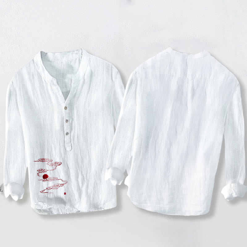 Chemise à manches longues pour homme en coton et lin, à demi-boutons, ornée de Buddha Stones, de nuages ​​auspicieux et d'un soleil rouge. - image 5