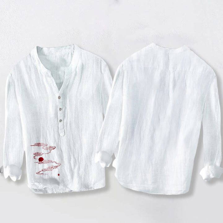 Chemise à manches longues pour homme en coton et lin, à demi-boutons, ornée de Buddha Stones, de nuages ​​auspicieux et d'un soleil rouge. - image 5