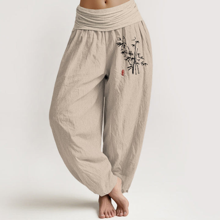 Buddha Stones Pantalon harem en coton à taille élastique et motif feuilles de bambou pour femme - Tanné - US16，UK/AU20，EU48 (3XL) - image 0