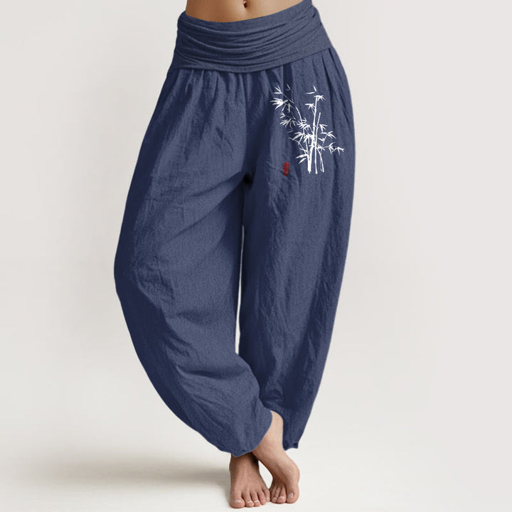 Buddha Stones Pantalon harem en coton à taille élastique et motif feuilles de bambou pour femme - Bleu ardoise foncé - US16，UK/AU20，EU48 (3XL) - image 11
