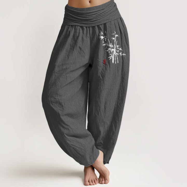 Buddha Stones Pantalon harem en coton à taille élastique et motif feuilles de bambou pour femme - Gris sombre - US16，UK/AU20，EU48 (3XL) - image 8