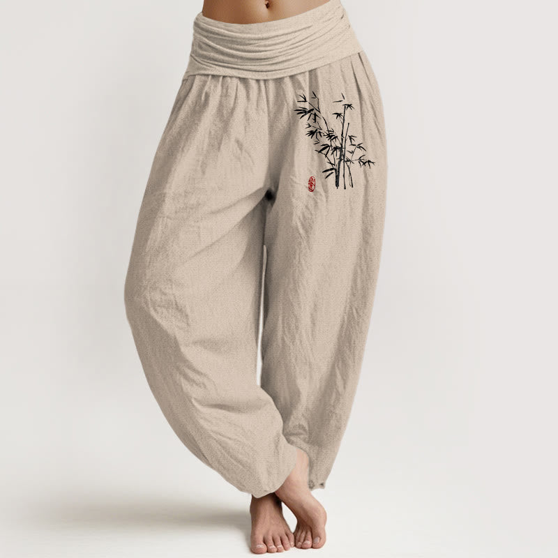 Buddha Stones Pantalon harem en coton à taille élastique et motif feuilles de bambou pour femme - Tanné - US16，UK/AU20，EU48 (3XL) - image 0