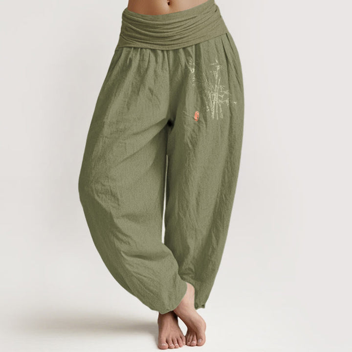 Buddha Stones Pantalon harem en coton à taille élastique et motif feuilles de bambou pour femme - Vert olive - US16，UK/AU20，EU48 (3XL) - image 14