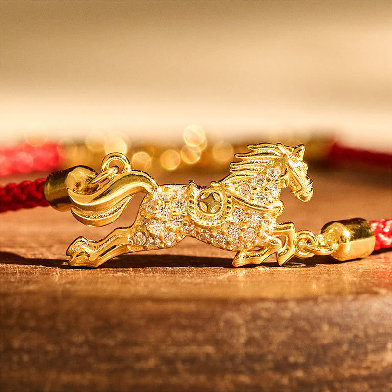 Bracelet porte-bonheur en argent sterling 925 avec cordon rouge doré et pierres de Buddha Stones du zodiaque chinois, année du cheval - image 3