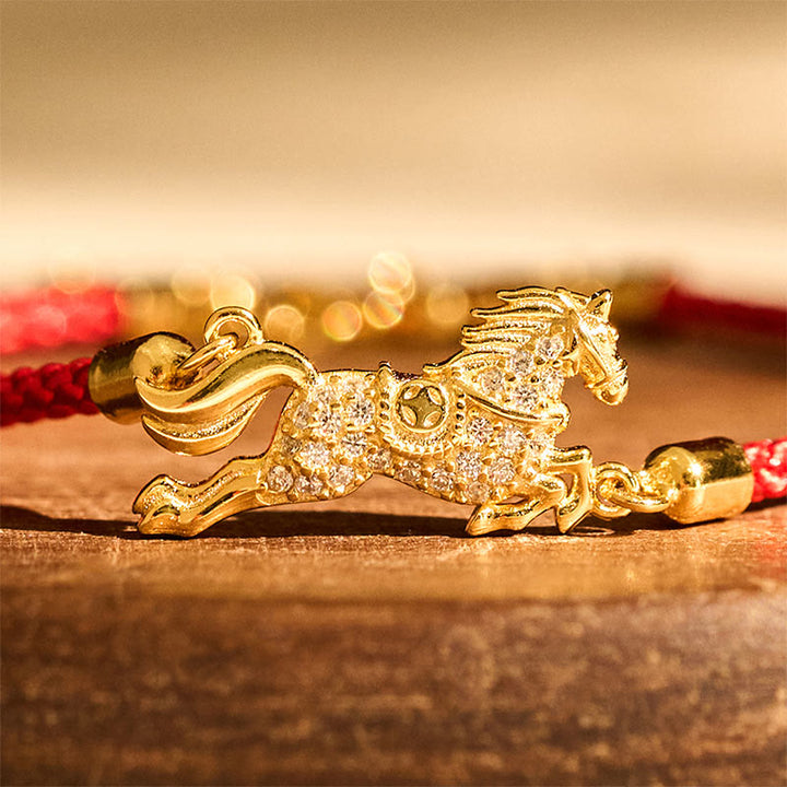 Bracelet porte-bonheur en argent sterling 925 avec cordon rouge doré et pierres de Buddha Stones du zodiaque chinois, année du cheval - image 3